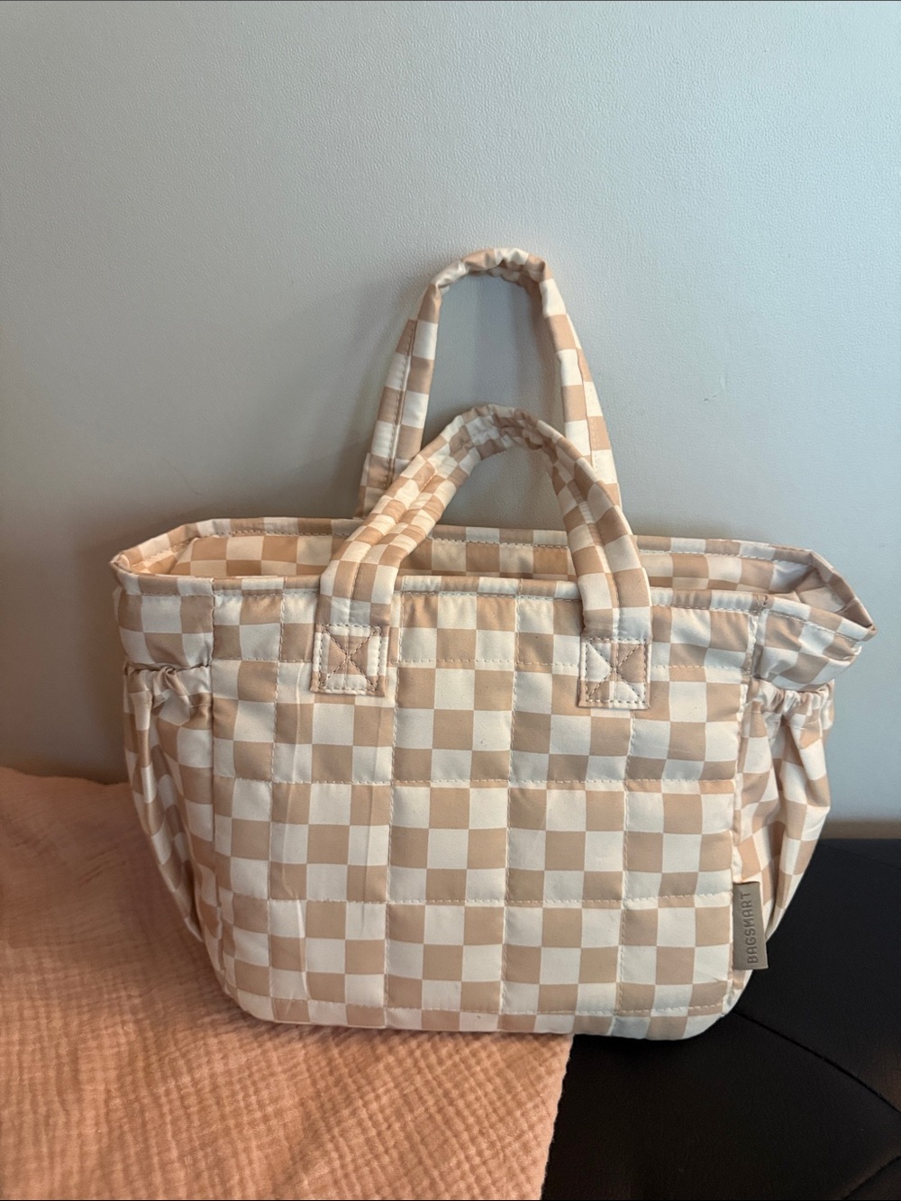 Neutral Checkerboard Tote Bag in Beige & Cream